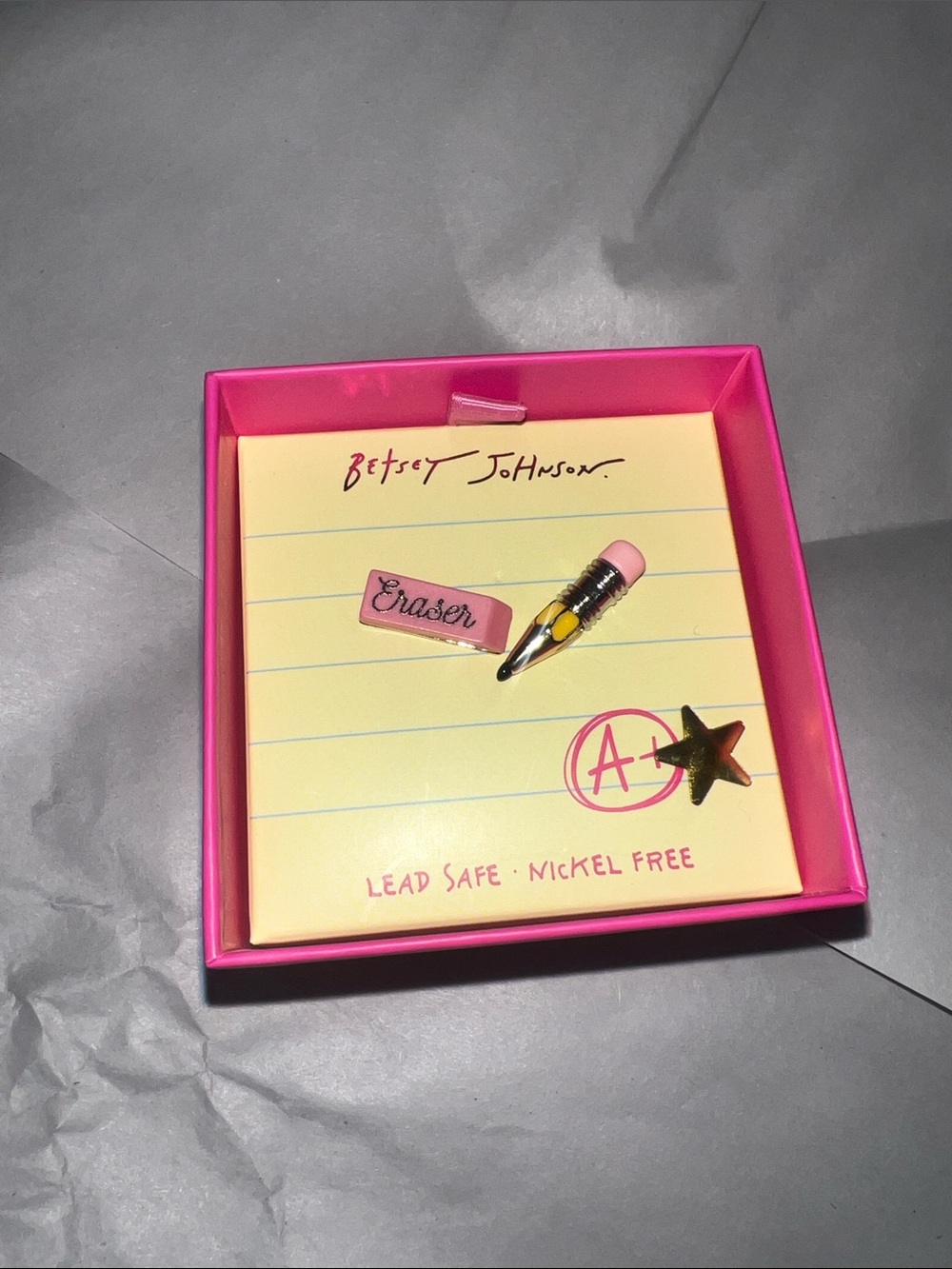 Betsey Johnson Pink Pencil & Eraser Stud Earring Set